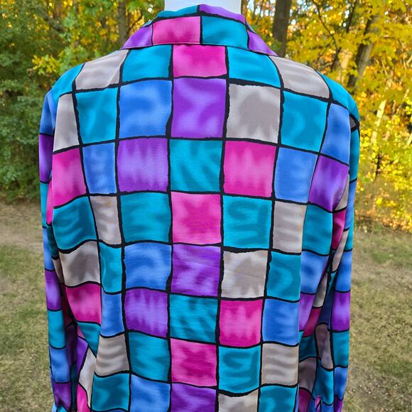 VTG Notations Blouse Shacket Multicolored Liquid Checkered Button Front Size Lrg - Picture 6 of 15